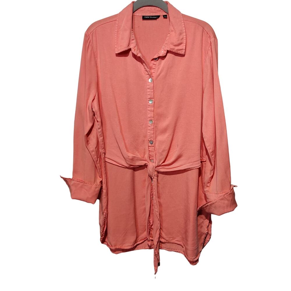 T&W Designs Women's Sz L Salmon Peach Tunic Button Up Shirt Tencel Front Tie